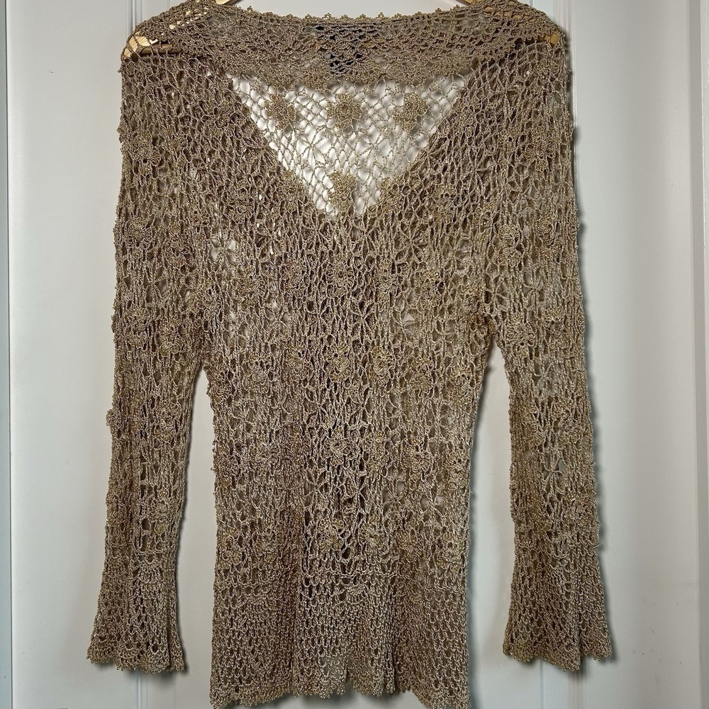 Simi Sue Gold Metallic Lurex Crochet Bell Sleeve Top Coachella Festival Style - Picture 2 of 2